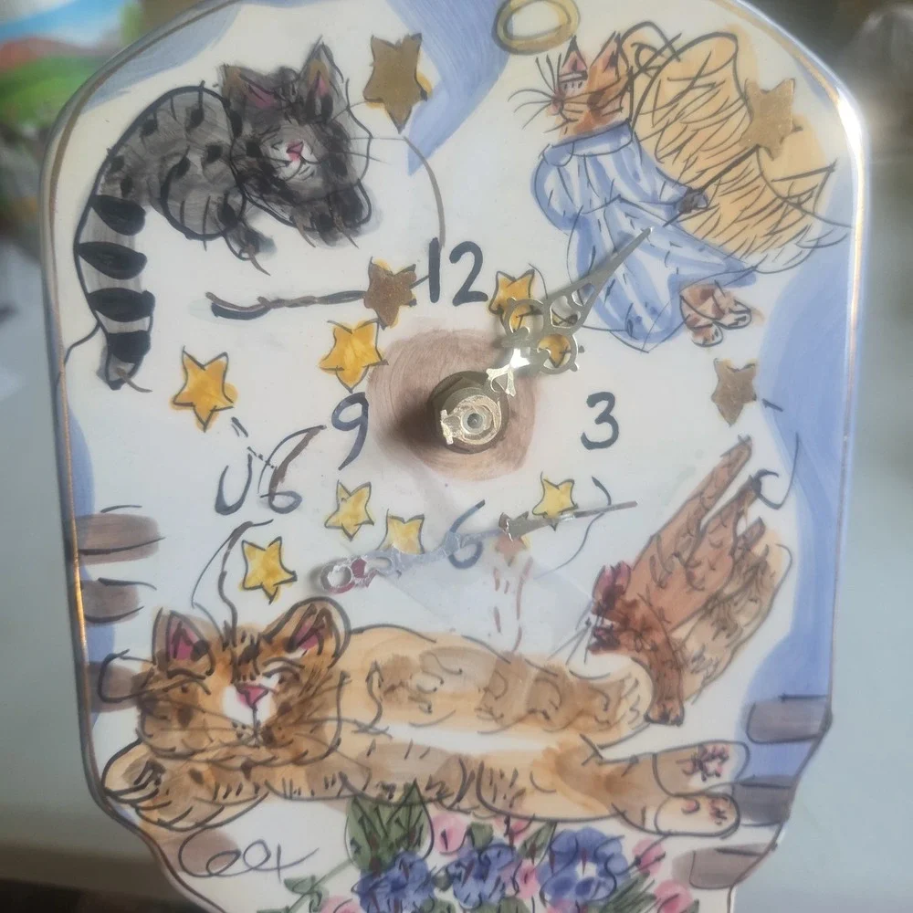 VTG Blue Sky Clayworks CATS Wall Clock Hand Painted Heather Goldminc READ